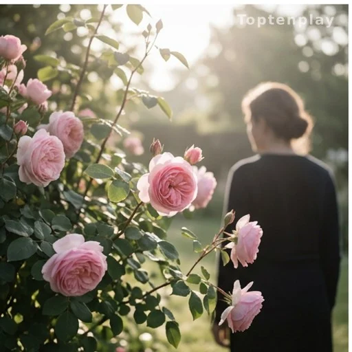 Rosiers en fleurs dans un jardin au printemps, silhouette féminine en arrière-plan