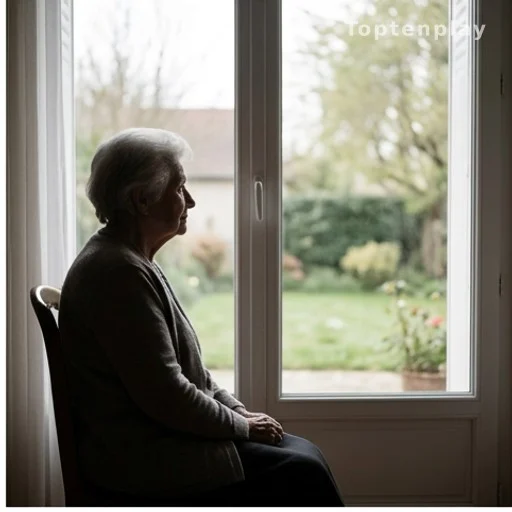 Silhouette d'une femme âgée assise près d'une fenêtre donnant sur un jardin calme