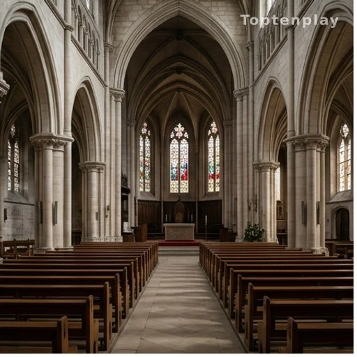 Intérieur d'une basilique gothique lors d'une cérémonie funèbre solennelle, lumière tamisée