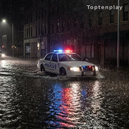 Rue inondée la nuit lors d'un orage violent avec véhicule de secours