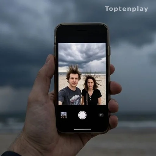 Selfie sur smartphone montrant des cheveux hérissés avant un impact de foudre