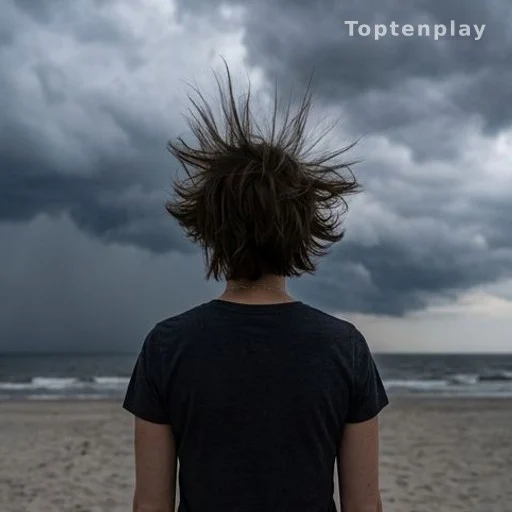Cheveux hérissés par l'électricité statique sur une plage avant un orage