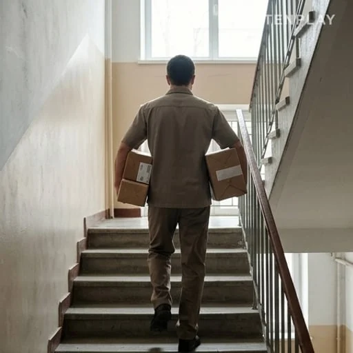 Postier anonyme portant des colis dans un escalier