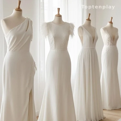 Quatre robes de mariée blanches de créateurs, dont deux signées Miu Miu