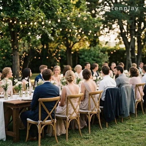 Invités élégants vus de dos lors d'une réception de mariage en plein air