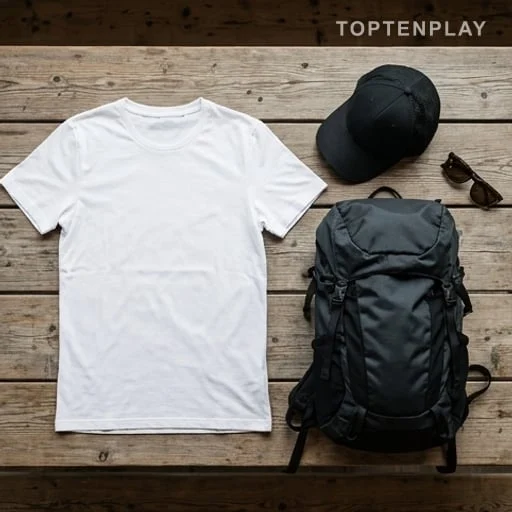 Équipement de randonnée noir et tee-shirt blanc