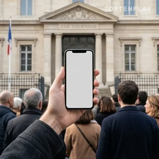 Smartphone et foule devant un tribunal