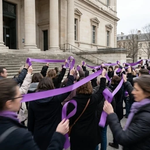 Rubans violets lors d’une mobilisation justice