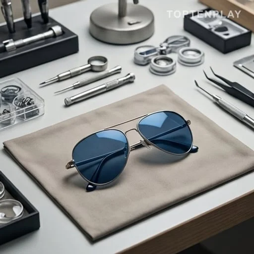 Lunettes de luxe bleues dans un atelier d’optique
