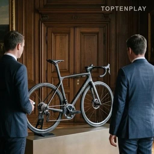Vélo de route exposé dans une salle officielle