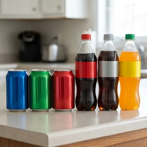 Bouteilles et canettes de sodas sucrés alignées sur un plan de travail