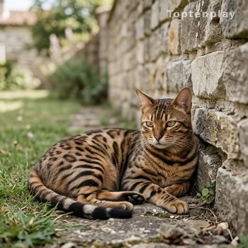 Chatte Bengal au pelage tacheté dans un jardin, évoquant Artémis la chatte de Marine Le Pen