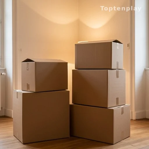 Cartons de déménagement empilés dans une pièce vide d'une maison ancienne