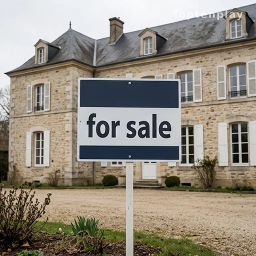 Panneau de vente immobilière devant une grande propriété française en pierre