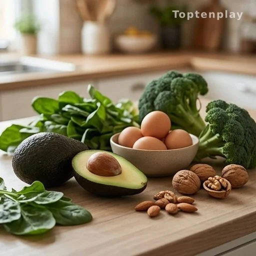 Aliments riches en lipides pour régime cétogène : avocat, œufs et noix sur un plan de travail