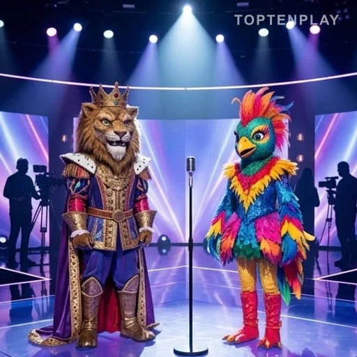 Deux costumes masqués sur une scène télévisée
