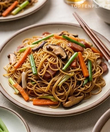 Mei Fun au Lap Cheong : Vermicelles de Riz Sautés aux Champignons Shiitake