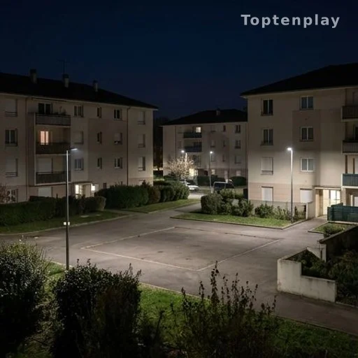 Pied d'immeuble dans une cité de banlieue parisienne la nuit