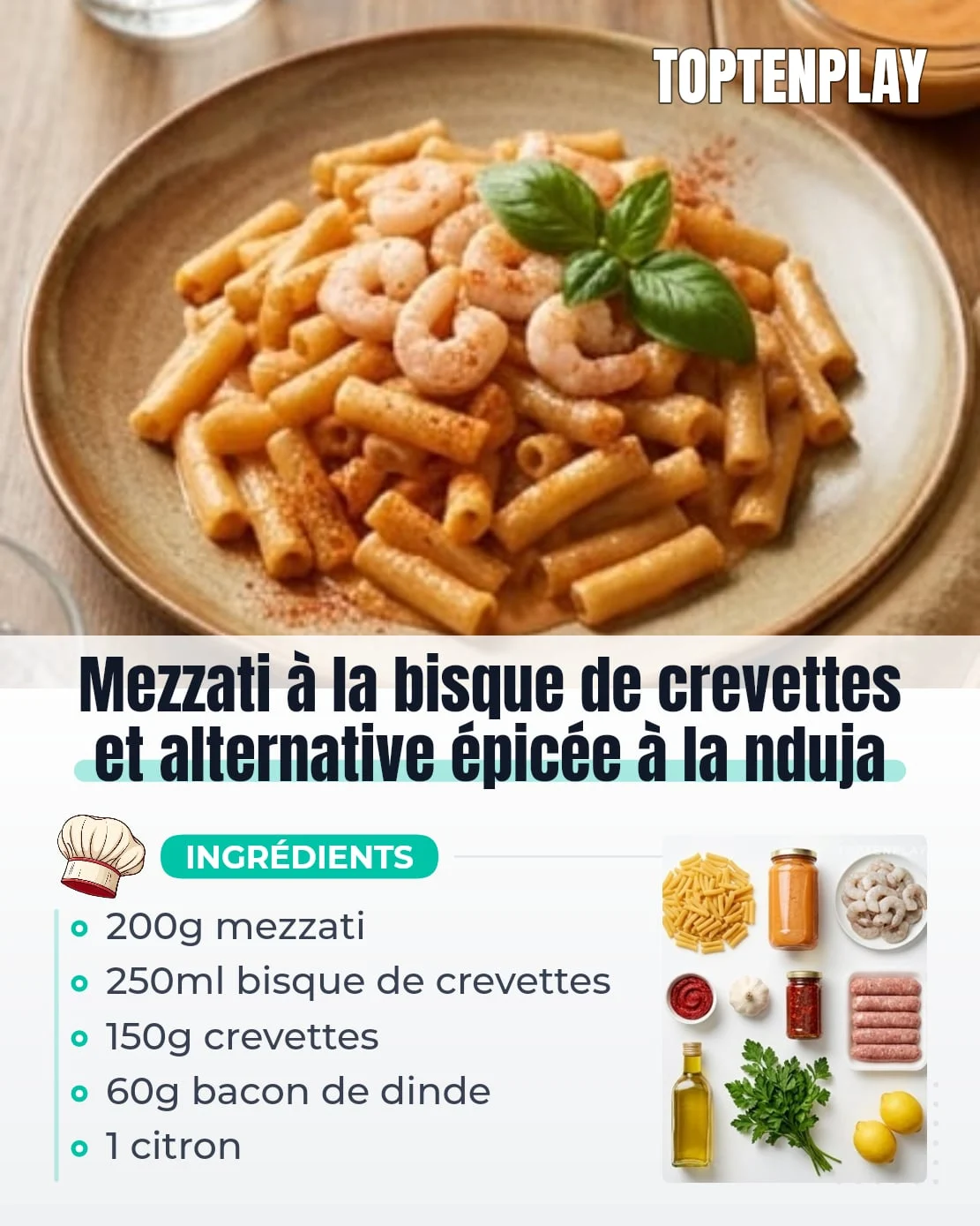 Mezzati à la bisque de crevettes et alternative épicée à la nduja