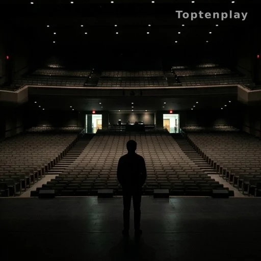 Silhouette d'un artiste seul dans une salle de spectacle vide, affaire judiciaire