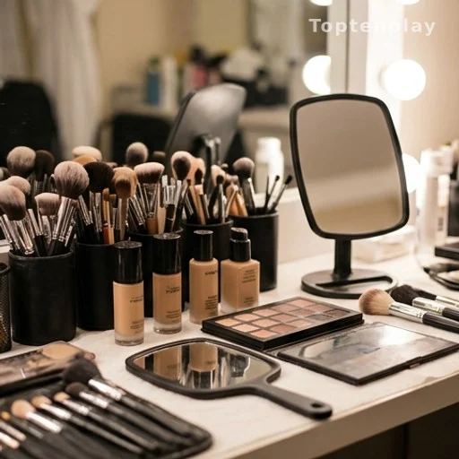 Table de maquillage de scène avec pinceaux et miroir, entourage d'un artiste