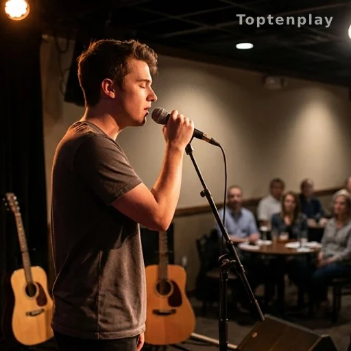 Jeune chanteur sur scène lors d'un concert, fils d'artiste sous pression médiatique