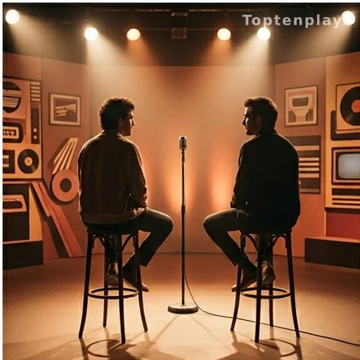 Plateau de télévision avec deux silhouettes face à un micro lors d'une émission musicale