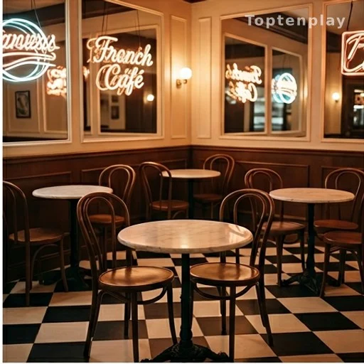 Intérieur d'un café rétro années 80 évoquant l'ambiance de l'émission musicale