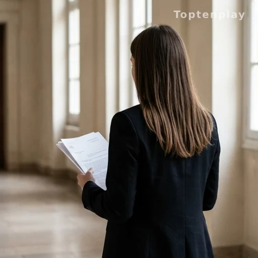 Femme de dos dans un couloir de palais de justice tenant des documents, plainte pour viol