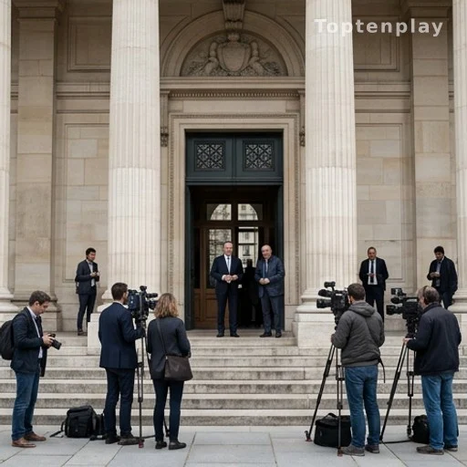 Entrée d'un palais de justice français avec journalistes, mise en examen requise