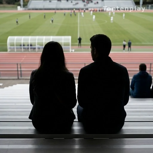 Couple de dos dans des tribunes sportives, relation discrète et soutien