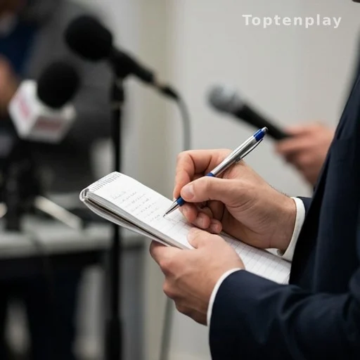 Mains de journaliste avec bloc-notes lors d'une conférence de presse, affaire judiciaire