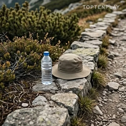 Bouteille d’eau et chapeau sur un sentier