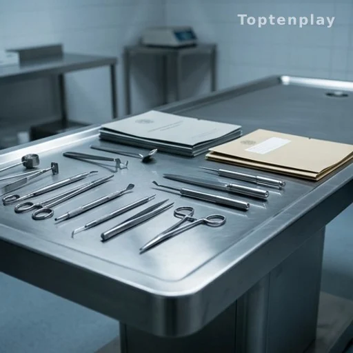 Table d'examen médico-légal avec documents d'autopsie, enquête judiciaire