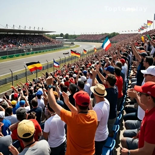 Tribunes d'un circuit de Formule 1 lors d'un Grand Prix, spectateurs de dos
