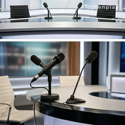 Plateau de télévision avec micros, interview politique en direct