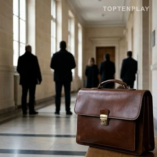 Couloir de justice avec avocat et silhouettes anonymes