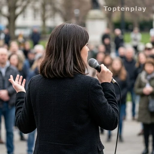 Prise de parole d'une femme au micro lors d'un rassemblement public, vue de dos