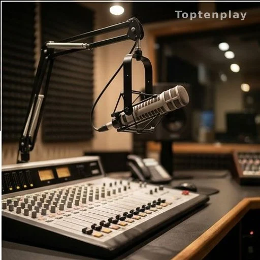 Studio de radio avec microphone et table de mixage, départ animateur France Inter