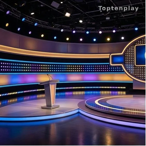 Plateau de jeu télévisé avec podium et éclairages colorés, émission N'oubliez pas les paroles