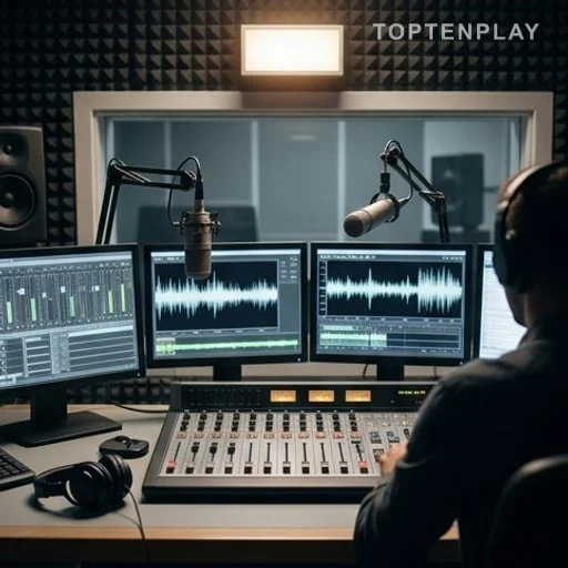 Studio radio avec micros et silhouettes anonymes