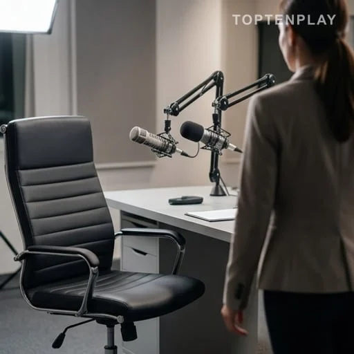 Animatrice de dos entrant dans un studio radio