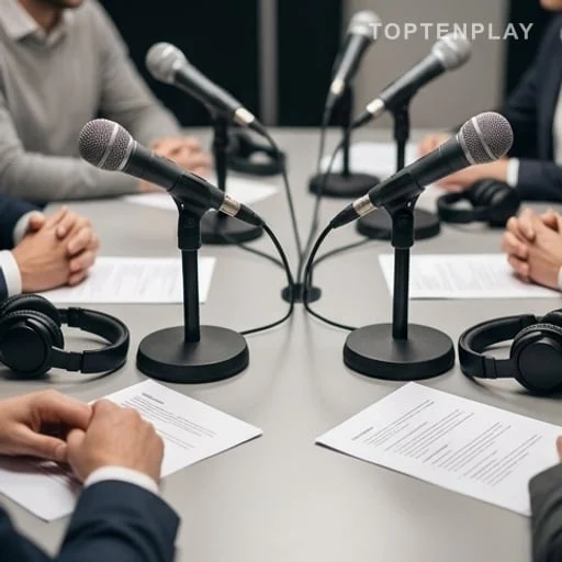 Table de débat radio avec micros et documents