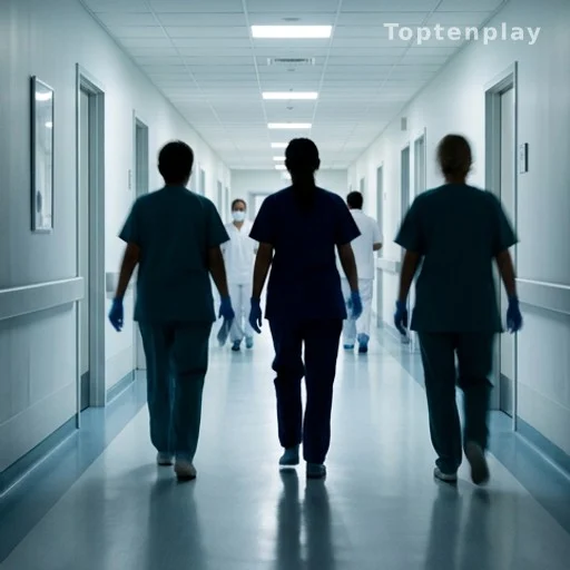 Couloir d'hôpital avec soignants en urgence, transfert de nourrisson traumatisé