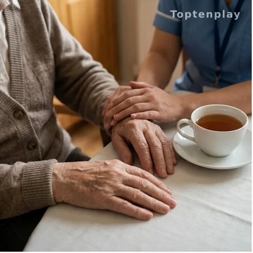 Main d'une personne âgée accompagnée lors d'un suivi psychologique et social