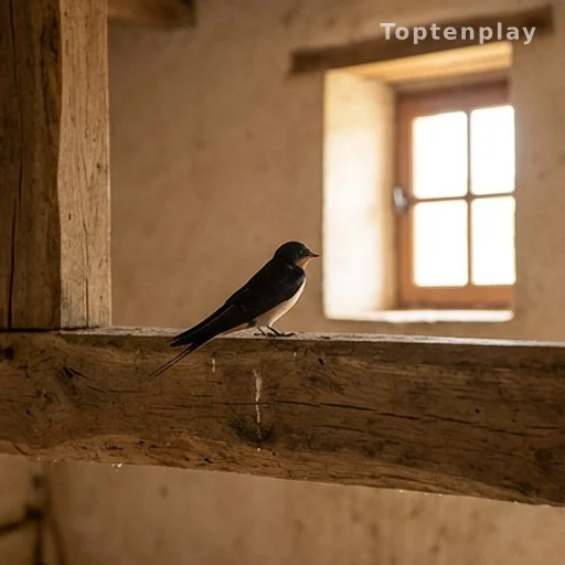 Hirondelle rustique perchée sur une poutre dans une ancienne grange française