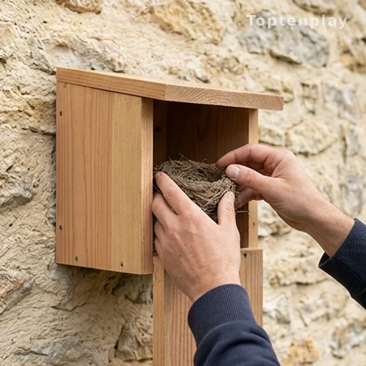 Mains déplaçant délicatement un nid d'oiseau lors de travaux de rénovation