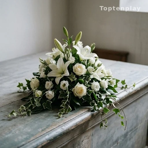 Hommage floral sobre posé sur une surface en pierre lors d'obsèques