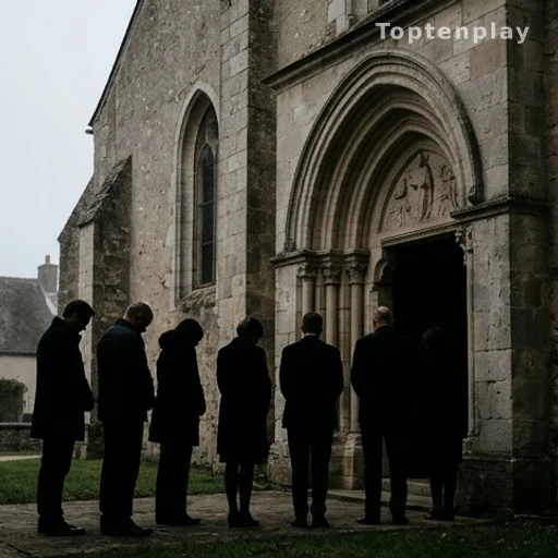 Silhouettes recueillies devant une église lors d'une cérémonie funèbre intime