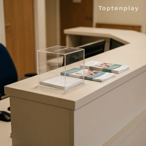 Urne de dons et brochures d'une fondation hospitalière sur un bureau